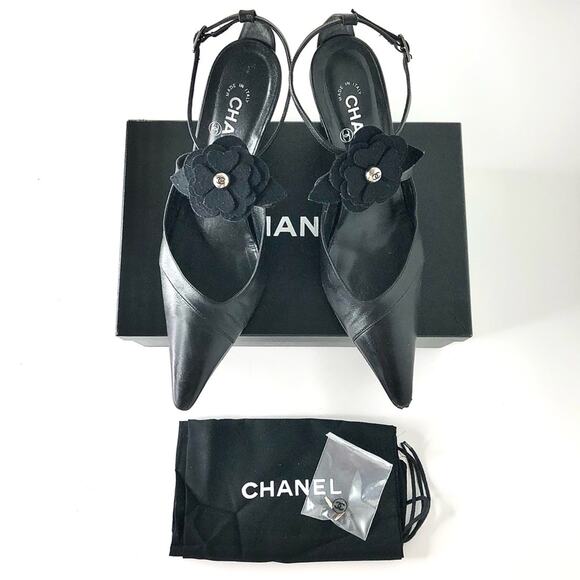 Chanel Retro Vintage CC Logo Camellia Slingback Ankle Strap Pointed Toe Pumps 40 - Picture 1 of 12